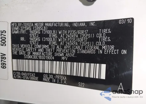 2011 Toyota Sienna Le V6 z USA, uszkodzony, nr VIN 5TDKK3DC1BS019004